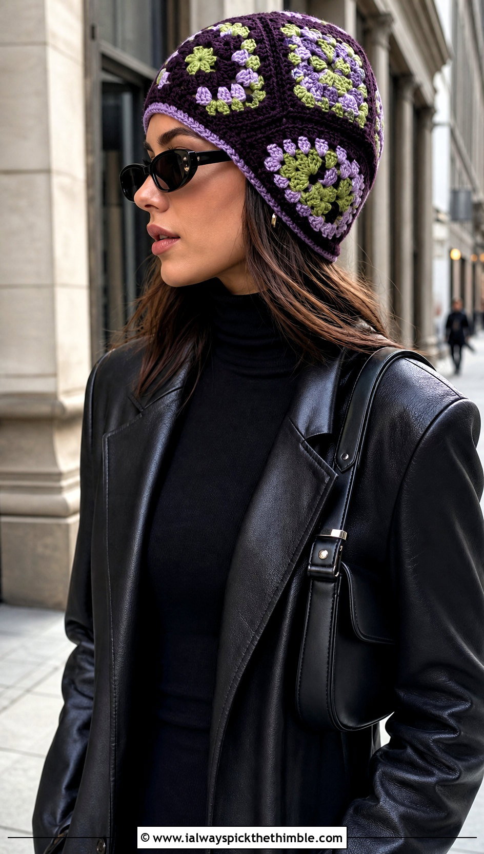 Patchwork Granny Square Beanie With Leather Jacket - 20 granny square beanie outfit ideas