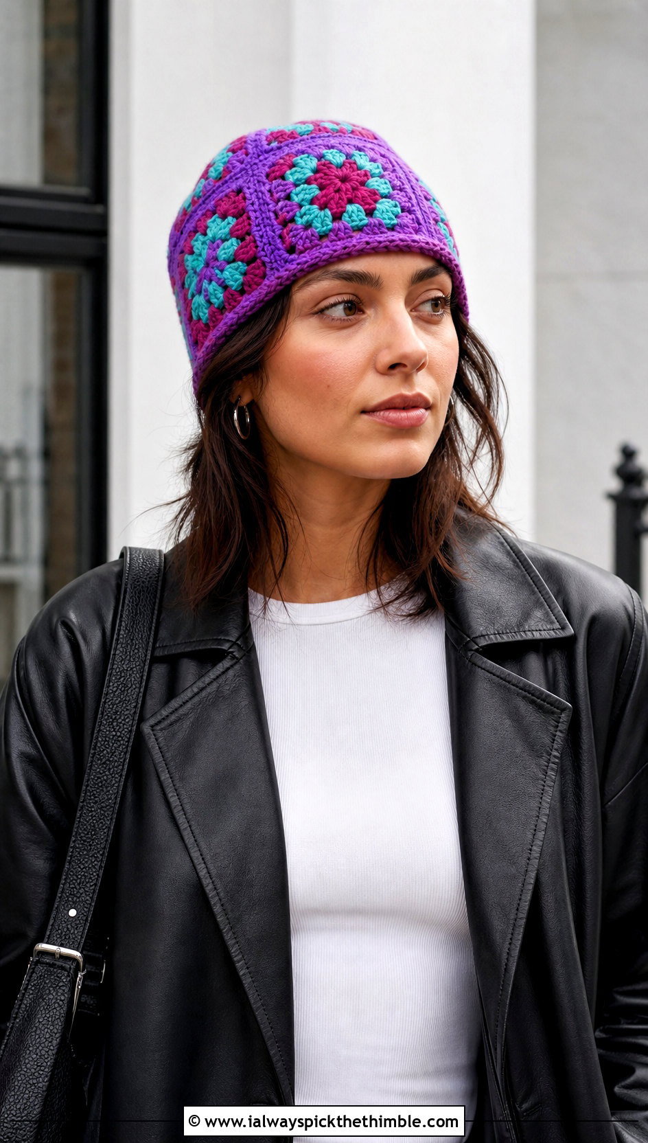 Patchwork Granny Square Beanie With Leather Jacket - 20 Easy Crochet Granny Square Hats outfit ideas