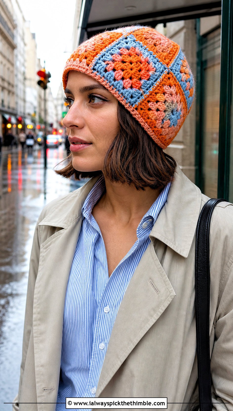 Patchwork Granny Square Beanie With Trench Coat - 25 crochet granny square beanie outfit ideas