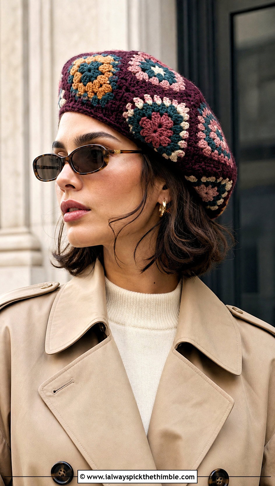 Patchwork Granny Square Beret With Trench Coat - 25 granny square hats outfit ideas
