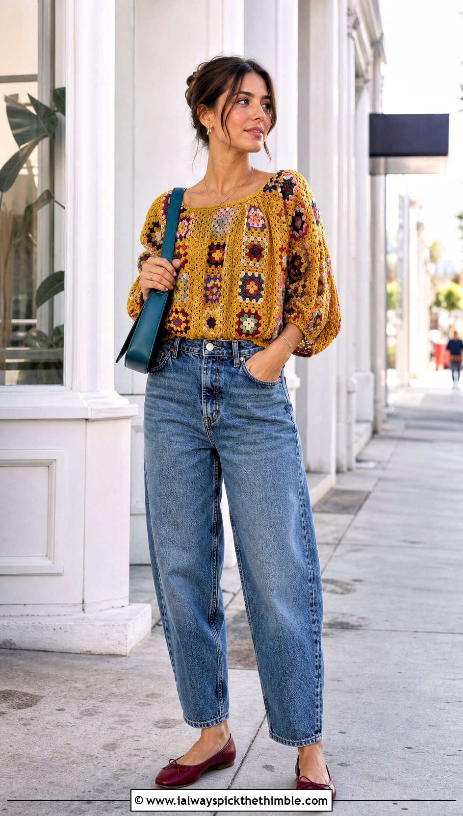 Patchwork Granny Square Blouse With Barrel Jeans - 25 Granny Square Blouse outfit ideas