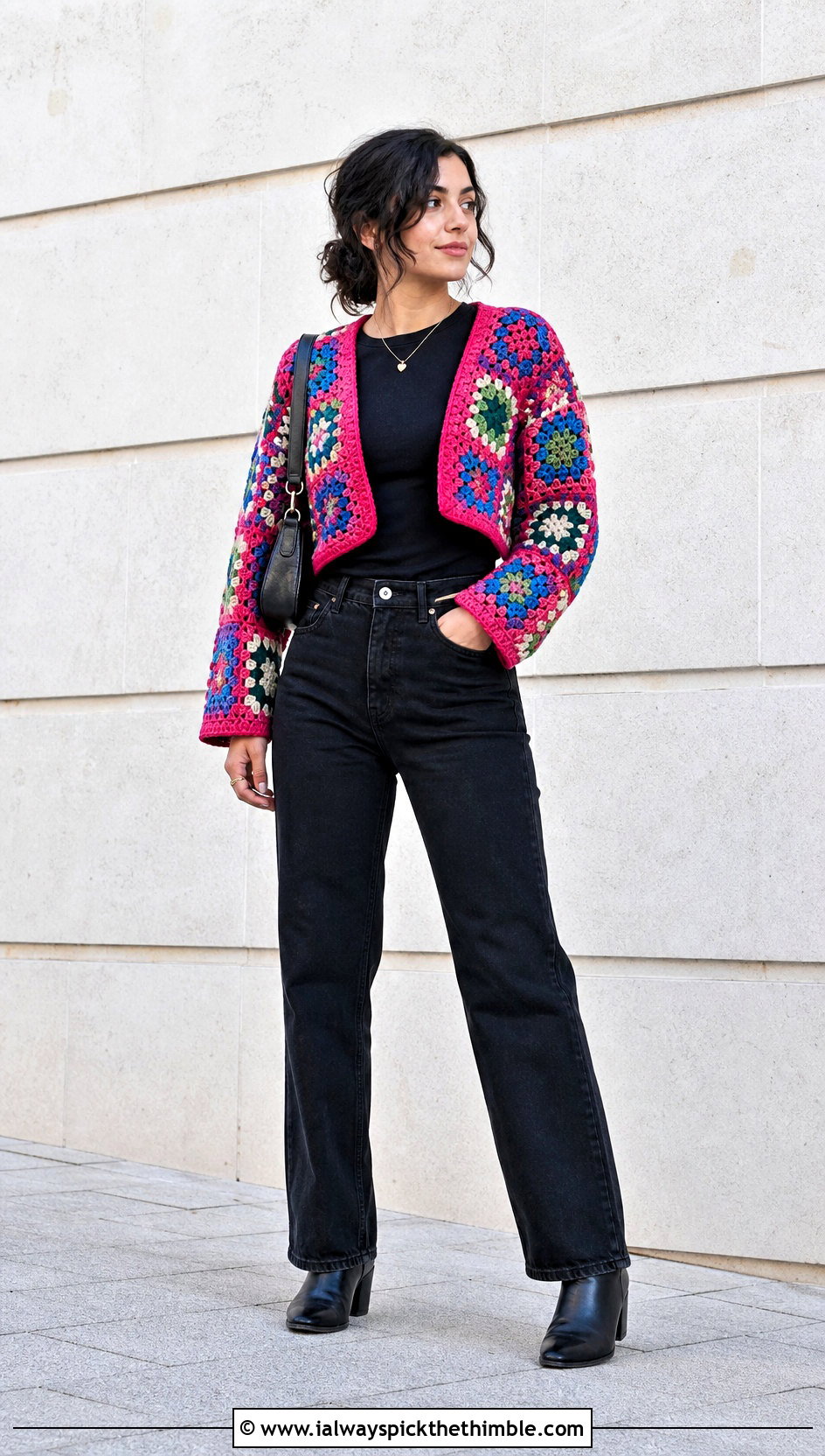 Patchwork Granny Square Bolero With Black Jeans - 25 granny square bolero outfit ideas