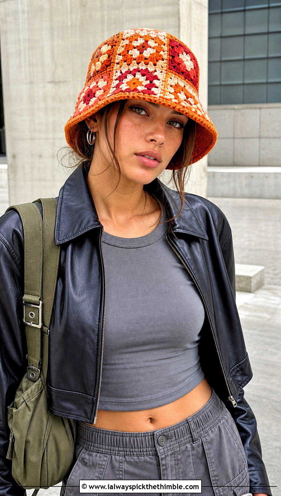 Patchwork Granny Square Bucket Hat With Leather Jacket And Cargo Pants - 20 crochet square hat outfit ideas