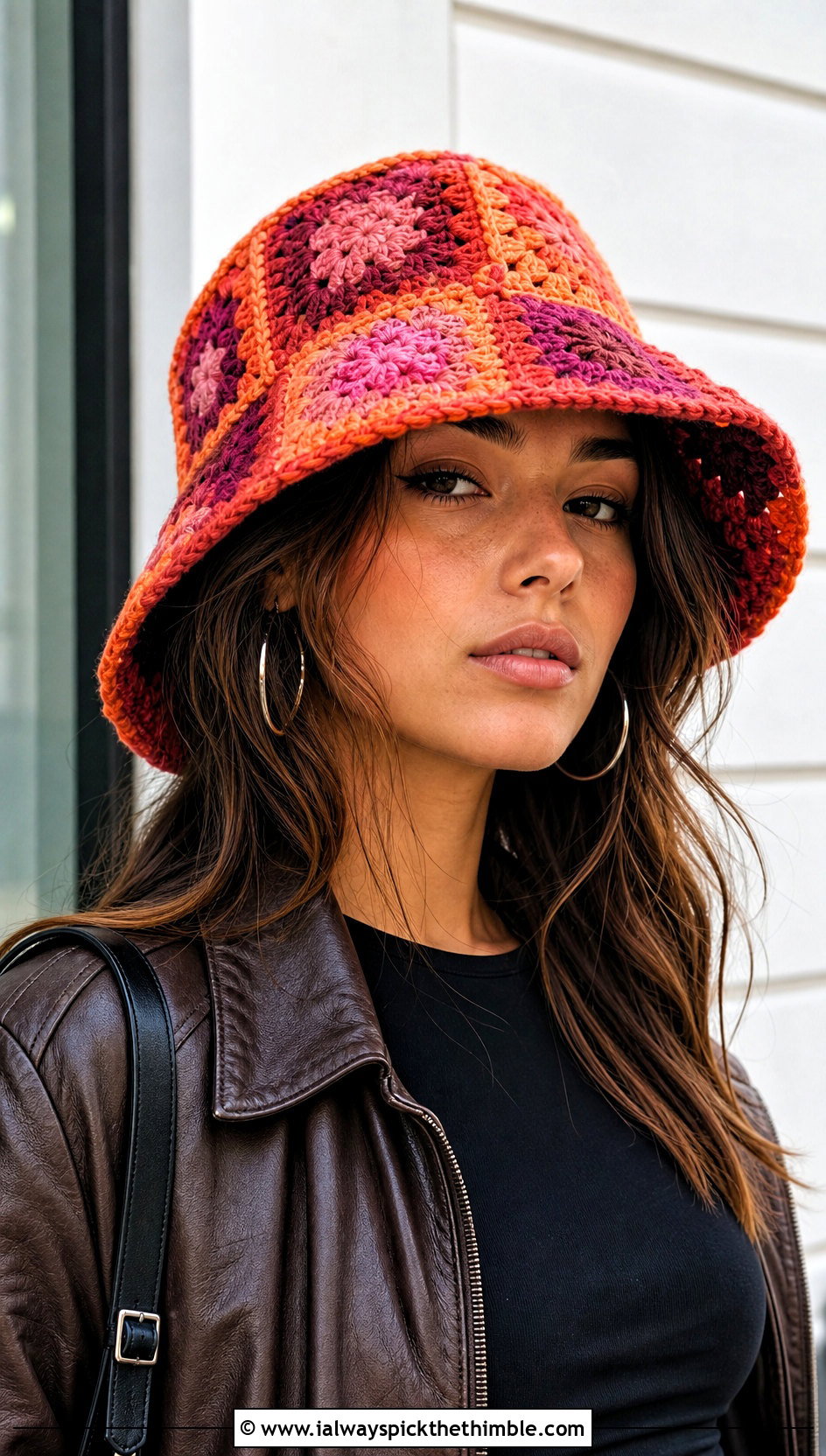 Patchwork Granny Square Bucket Hat With Leather Jacket - 15 Crochet Granny Square Bucket Hat outfit ideas