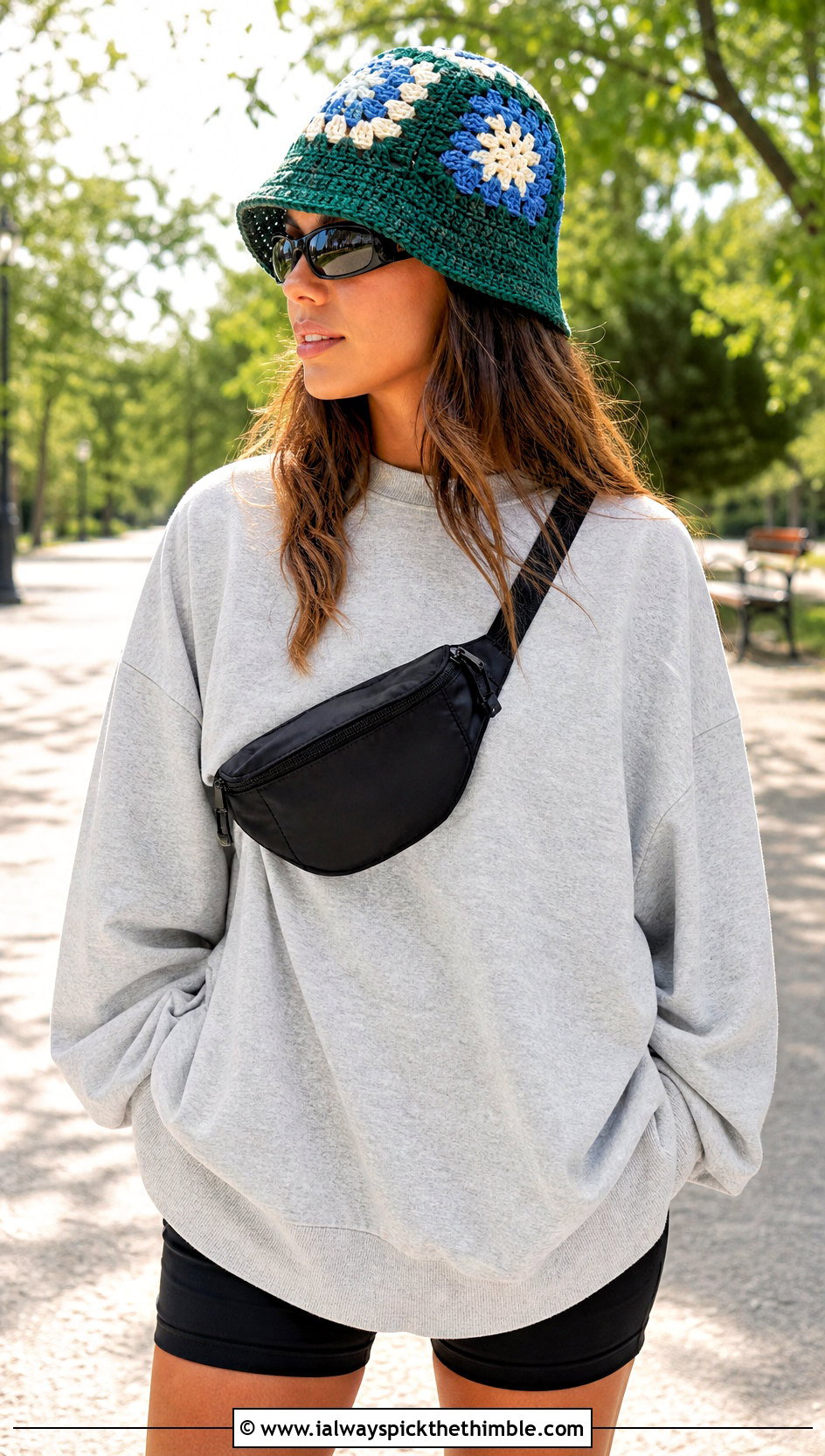 Patchwork Granny Square Bucket Hat With Sweatshirt And Biker Shorts - 25 Granny Square Bucket Hat outfit ideas