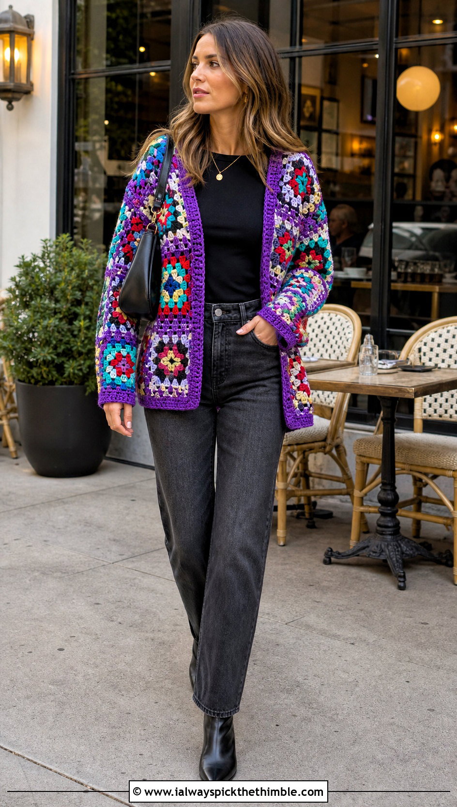 Patchwork Granny Square Cardigan With Black Jeans - 25 crochet granny stitch sweater outfit ideas