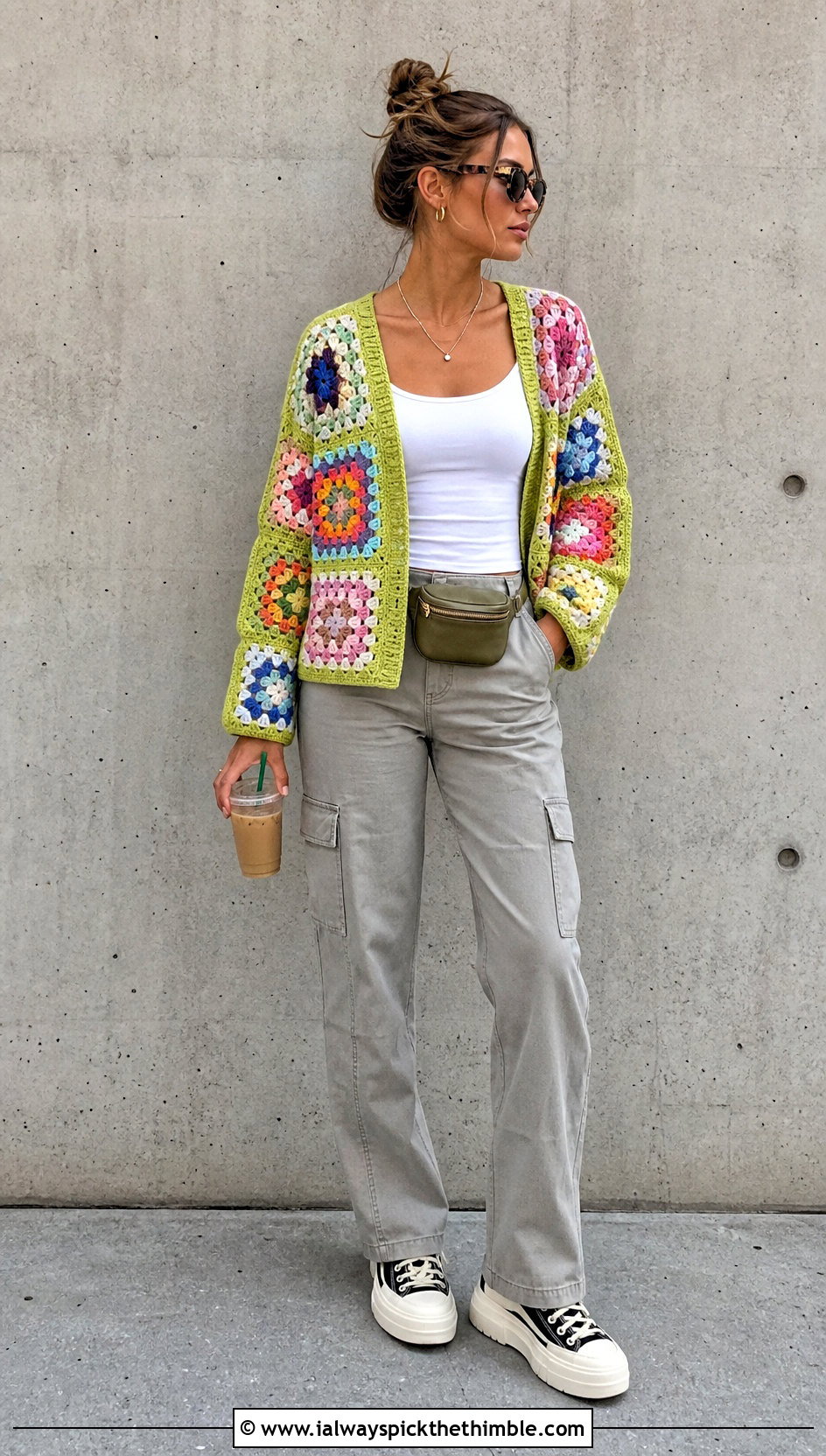 Patchwork Granny Square Cardigan With Cargo Pants - 20 crochet sweater with granny squares outfit ideas