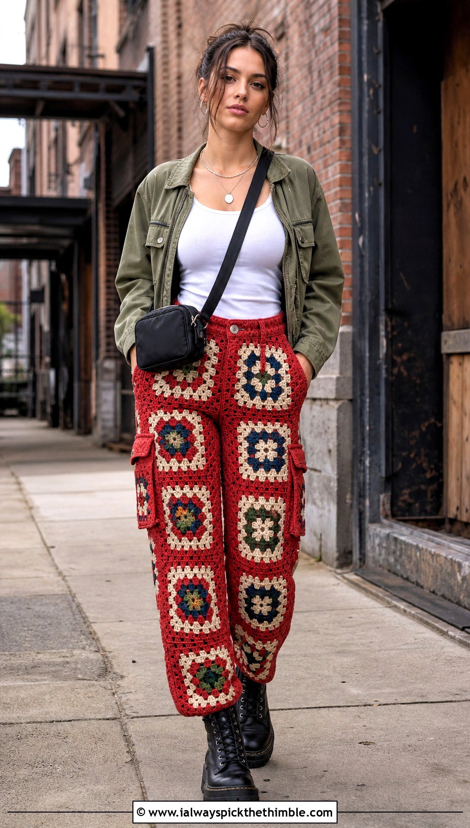 Patchwork Granny Square Cargo Pants With Utility Jacket - 25 granny square pants outfit ideas