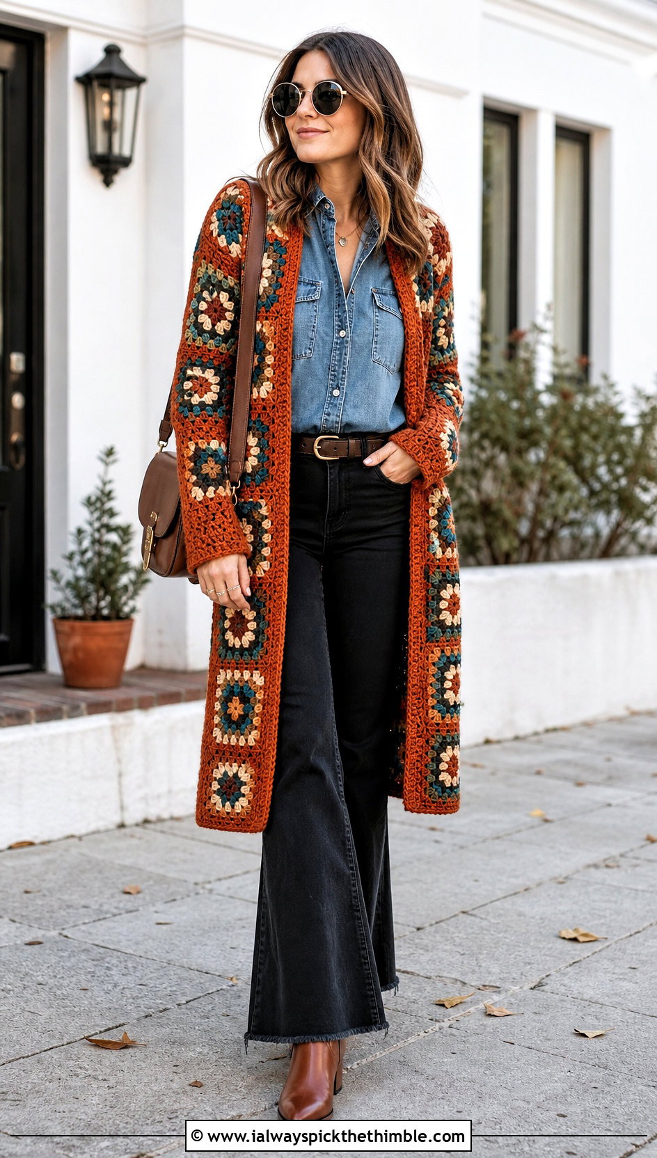 Patchwork Granny Square Coat With Denim Shirt - 20 granny square coat outfit ideas