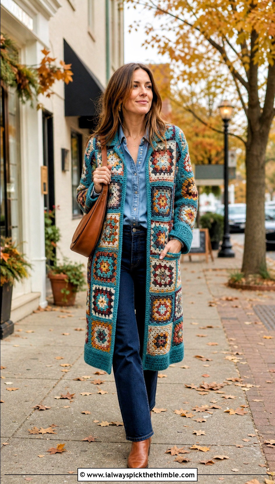 Patchwork Granny Square Coat With Double Denim - 20 crochet granny square coat outfit ideas