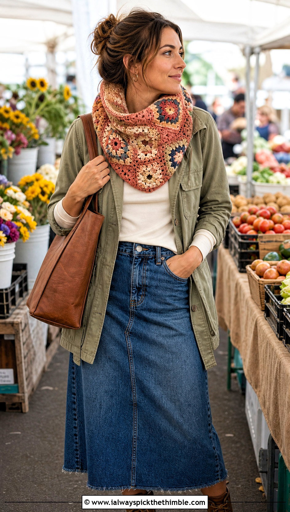 Patchwork Granny Square Cowl With Utility Jacket and Denim Skirt - 20 Granny Square Cowl outfit ideas