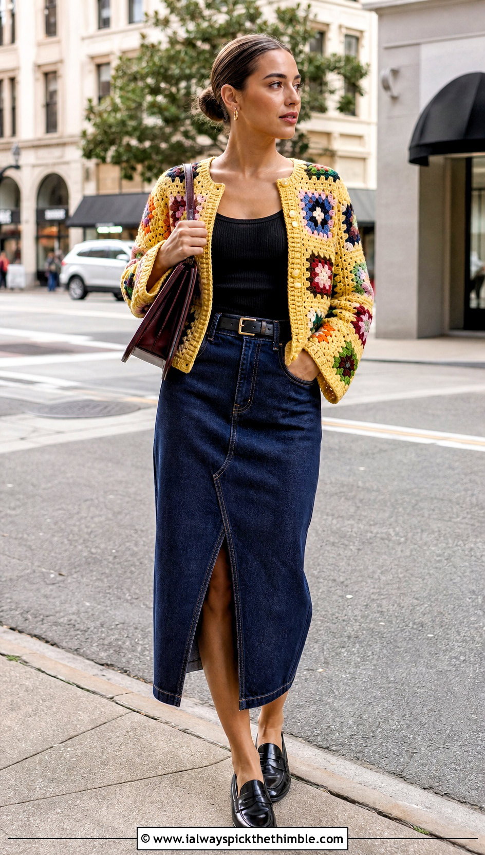 Patchwork Granny Square Crochet Cardigan With Denim Midi Skirt - 25 granny square crochet cardigan outfit ideas