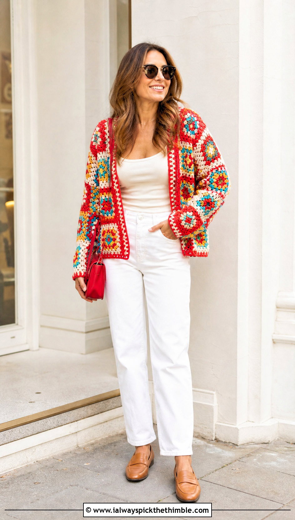 Patchwork Granny Square Crochet Cardigan With White Jeans - 20 Grant Square Crochet Cardigan outfit ideas