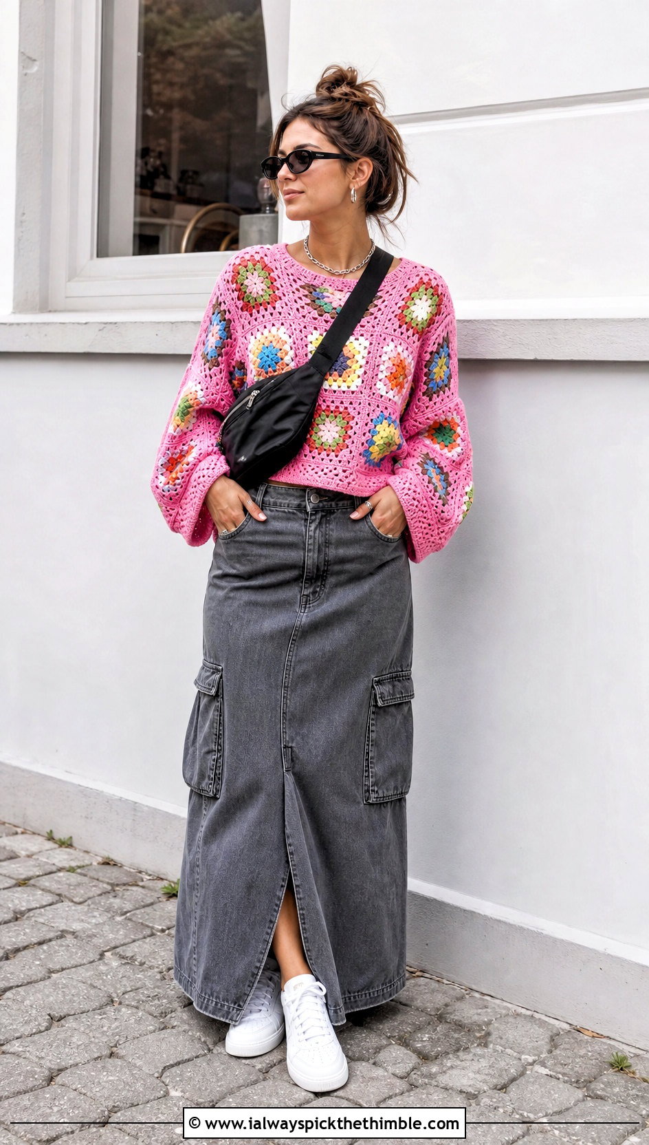 Patchwork Granny Square Crochet Pullover With Cargo Maxi Skirt - 15 love my granny crochet pullover outfit ideas