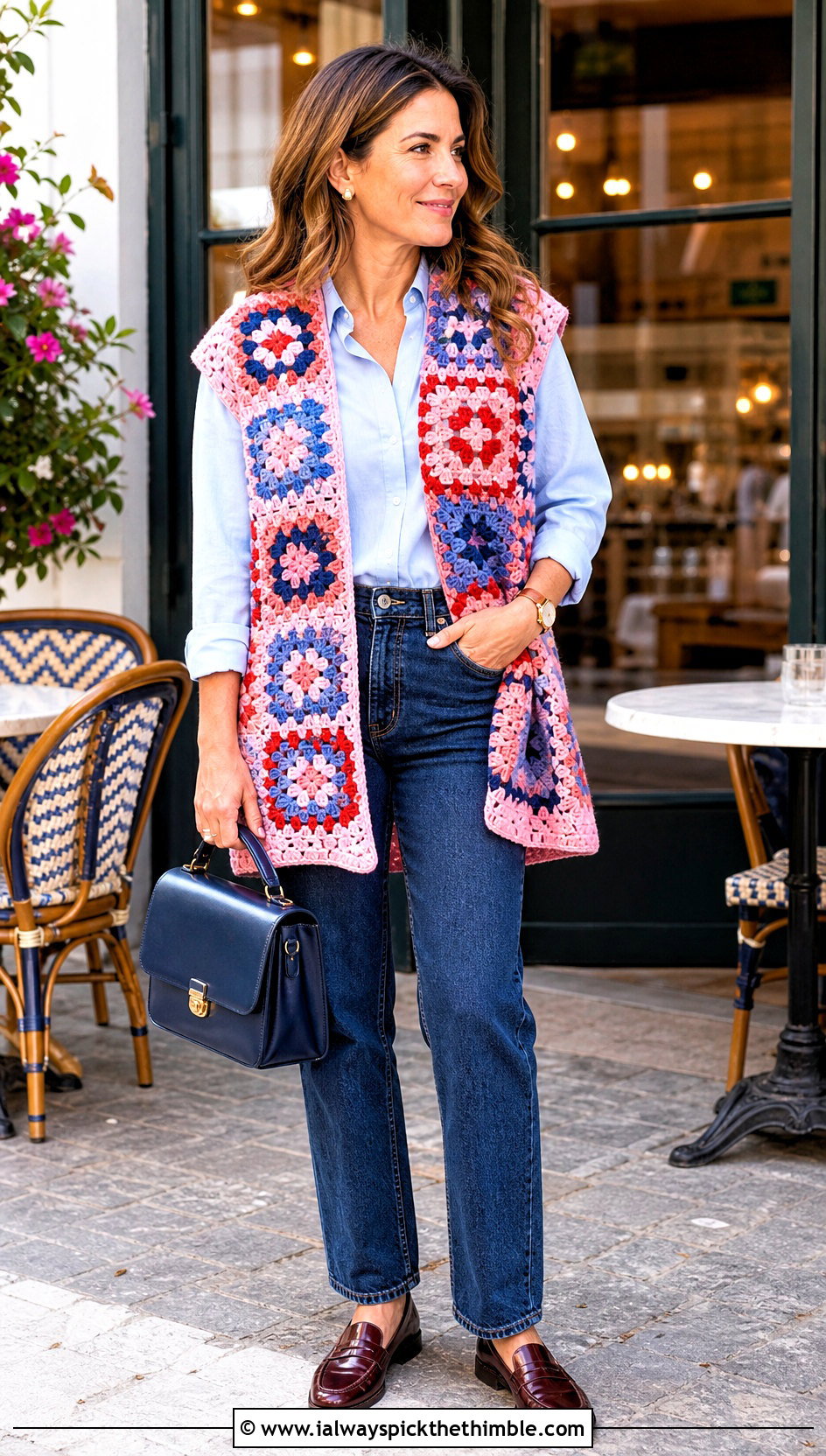 Patchwork Granny Square Crochet Shawl Vest With Straight Jeans - 20 crochet shawl vest outfit ideas