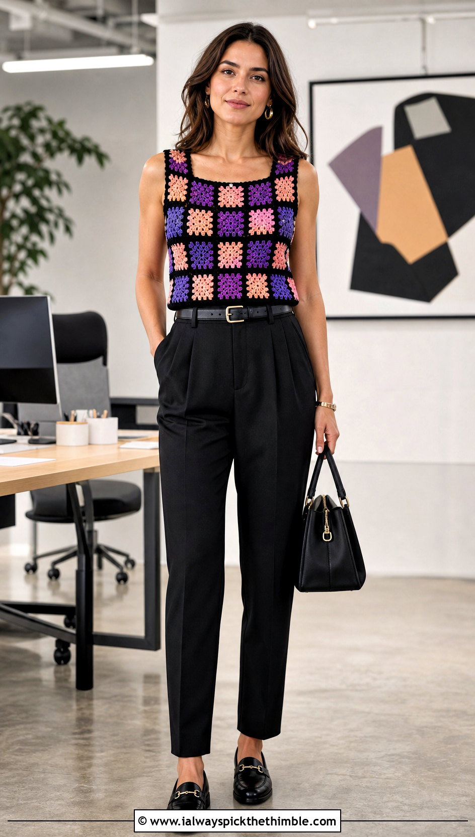 Patchwork Granny Square Crochet Tank Top With Black Trousers - 20 Granny Square Crochet Tank Top outfit ideas