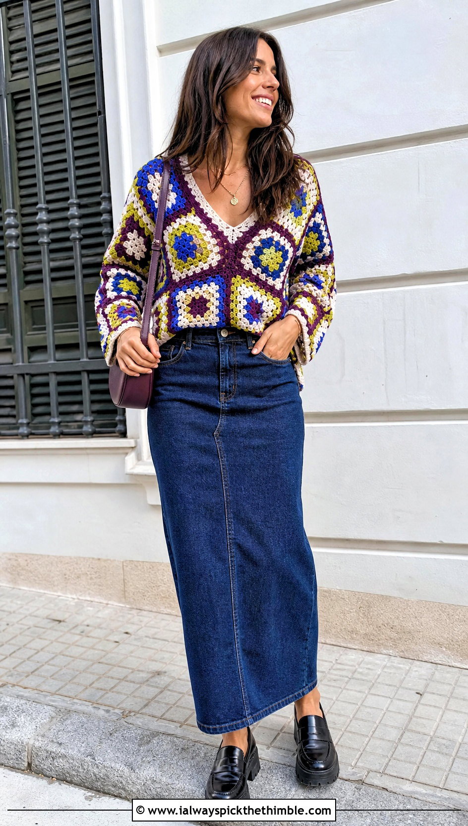 Patchwork Granny Square Crochet V Neck Sweater With Denim Maxi Skirt - 20 Crochet Vneck Sweater outfit ideas