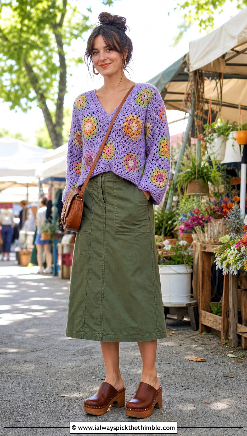 Patchwork Granny Square Crochet V Neck Sweater With Utility Skirt - 15 Crochet V Neck Sweater outfit ideas