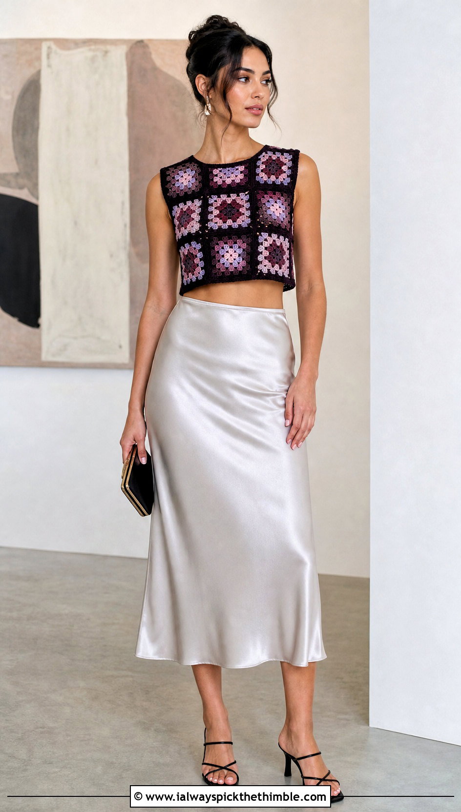 Patchwork Granny Square Crop Top With Satin Midi Skirt - 20 granny square crochet crop top outfit ideas