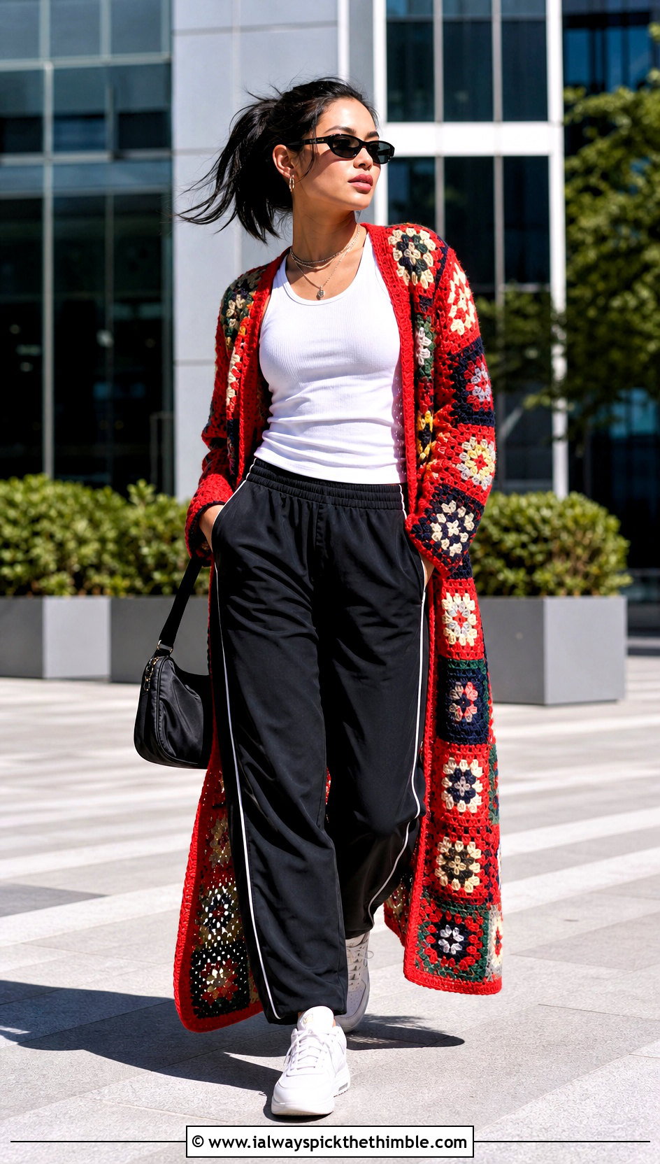 Patchwork Granny Square Duster With Track Pants - 25 granny square duster outfit ideas