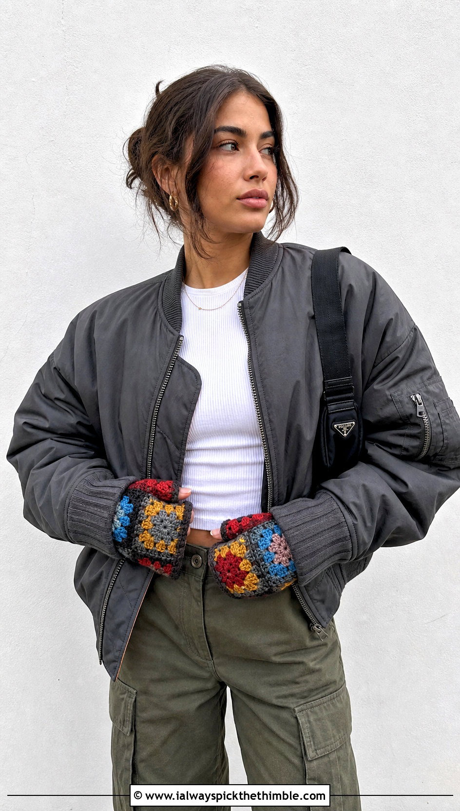 Patchwork Granny Square Fingerless Gloves With Cargo Pants - 25 granny square fingerless gloves outfit ideas