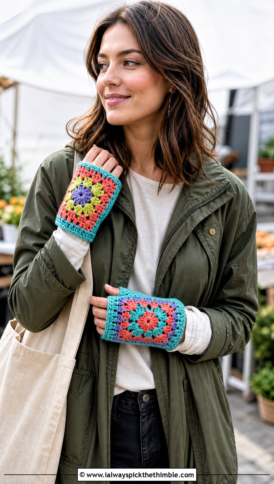 Patchwork Granny Square Fingerless Gloves With Utility Jacket - 20 crochet granny square fingerless gloves outfit ideas