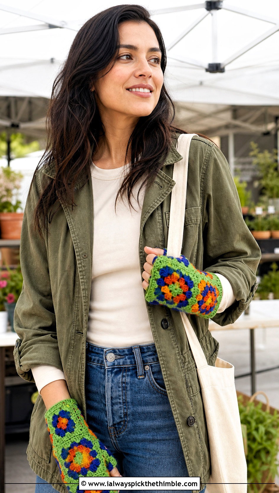 Patchwork Granny Square Gloves With Utility Jacket - 20 Fingerless Granny Square Gloves outfit ideas