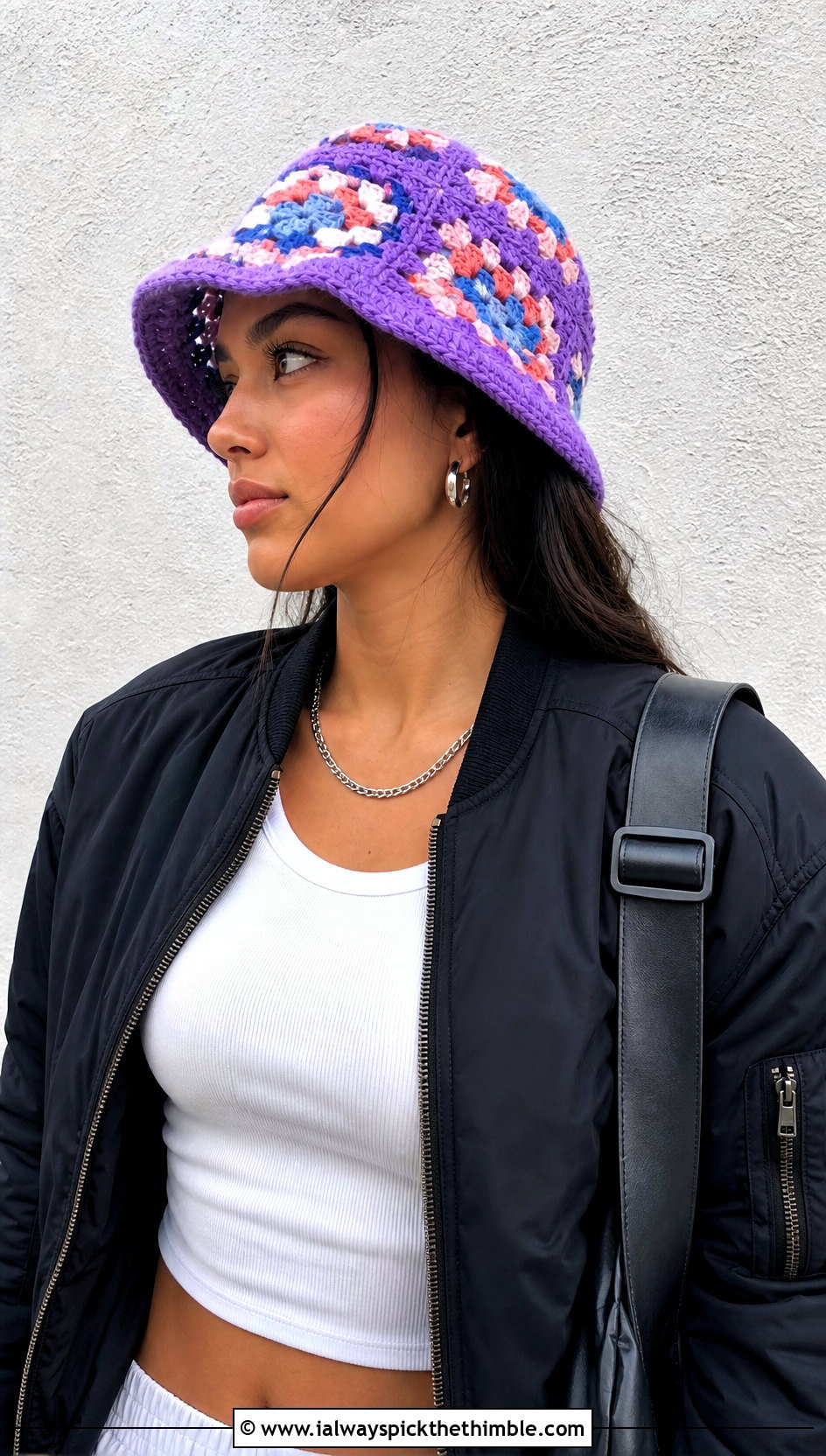 Patchwork Granny Square Hat With Bomber Jacket And Cargo Pants - 25 granny square hat outfit ideas