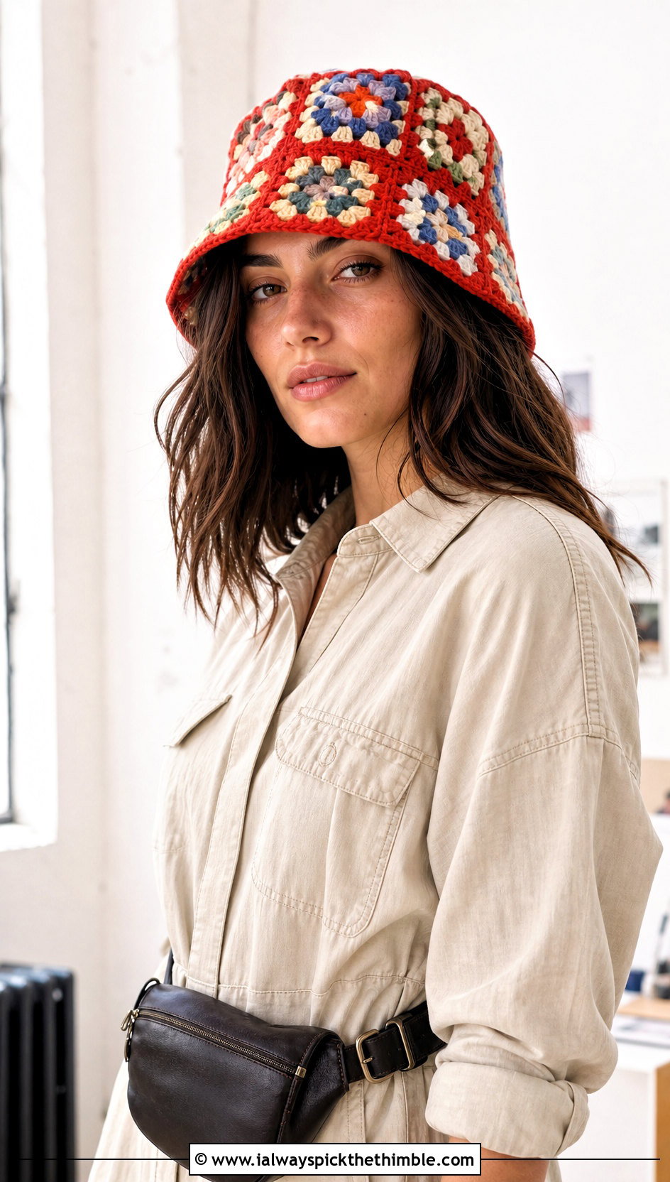Patchwork Granny Square Hat With Utility Jumpsuit - 20 granny stitch crochet hat outfit ideas