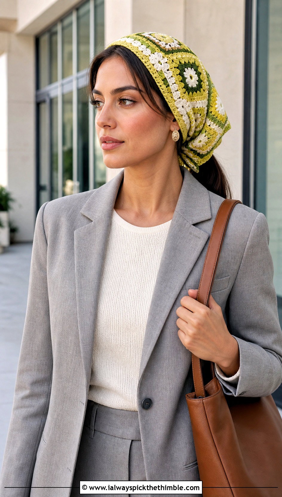 Patchwork Granny Square Head Scarf With Tailored Suit - 25 granny square head scarf outfit ideas