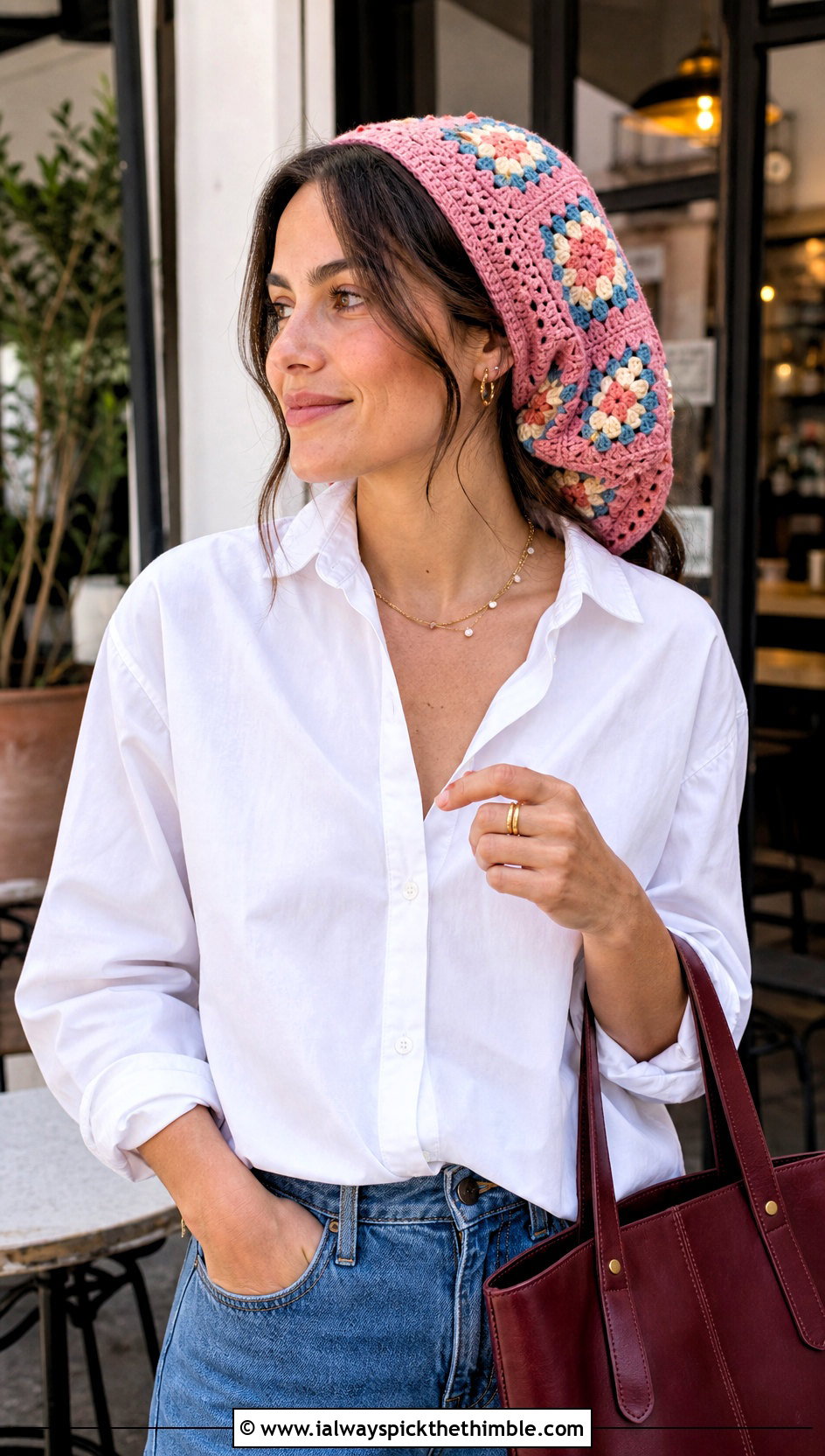 Patchwork Granny Square Head Scarf With White Shirt - 20 Crochet Boho Head Scarf outfit ideas