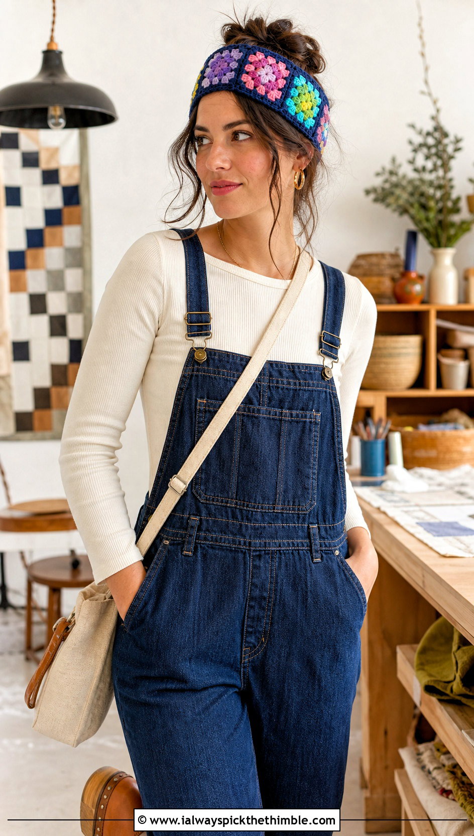 Patchwork Granny Square Headband With Overalls And Ribbed Top - 25 granny square headband outfit ideas