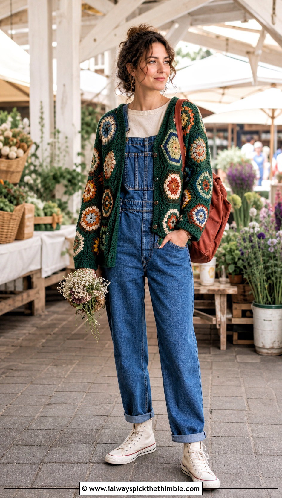 Patchwork Granny Square Hexagon Cardigan With Denim Overalls - 25 granny square hexagon cardigan outfit ideas