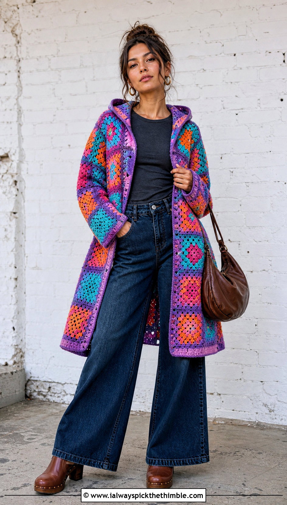 Patchwork Granny Square Hooded Crochet Cardigan With Wide Leg Jeans - 20 crochet hoodie cardigan outfit ideas