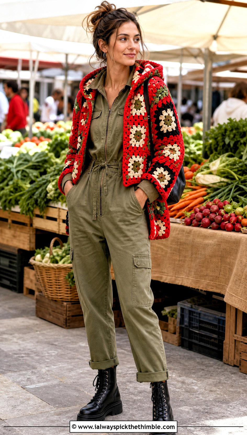 Patchwork Granny Square Hooded Jacket With Utility Jumpsuit - 20 Granny Square Hooded Jacket outfit ideas