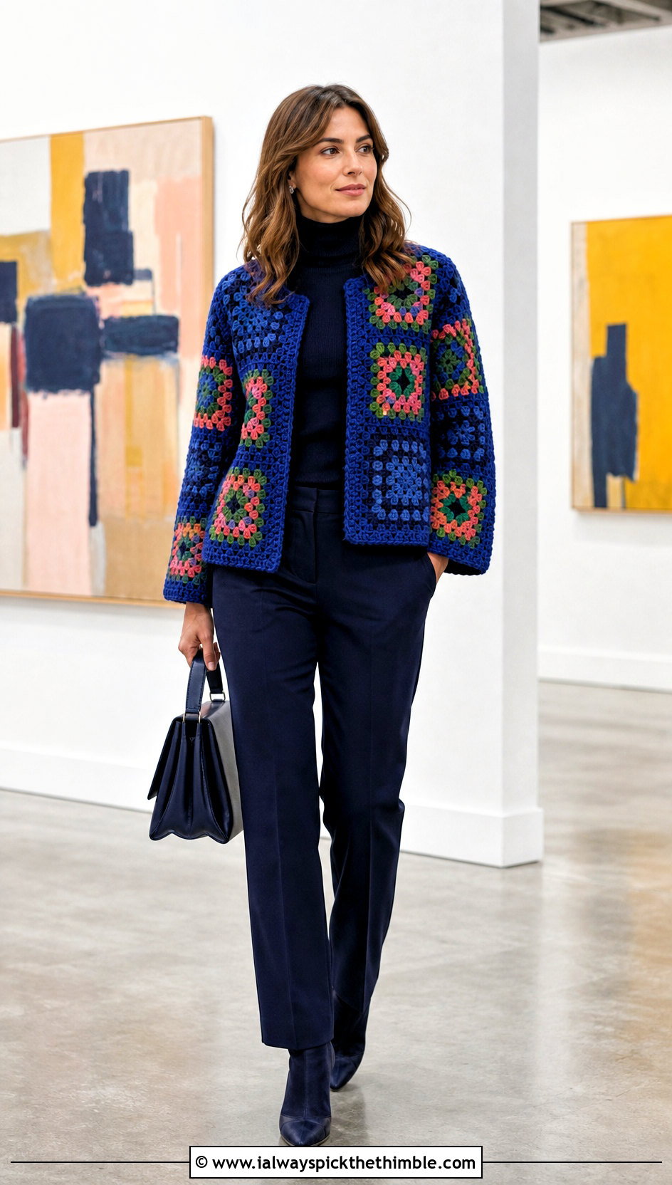 Patchwork Granny Square Jacket With Monochrome Outfit - 20 granny square jackets outfit ideas