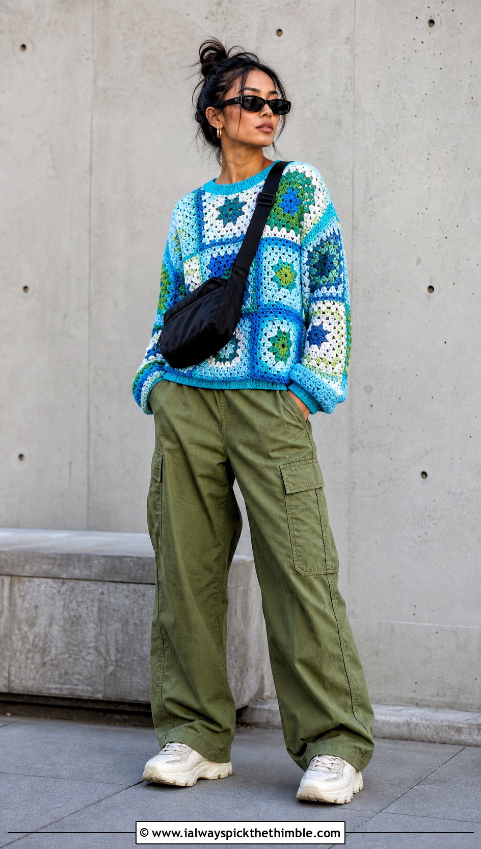 Patchwork Granny Square Jumper With Cargo Pants - 25 granny square jumper outfit ideas