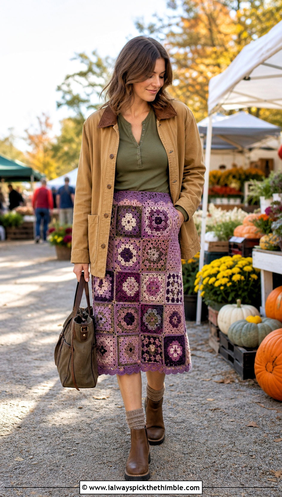 Patchwork Granny Square Knee Length Skirt With Barn Jacket - 20 granny square crochet skirt outfit ideas