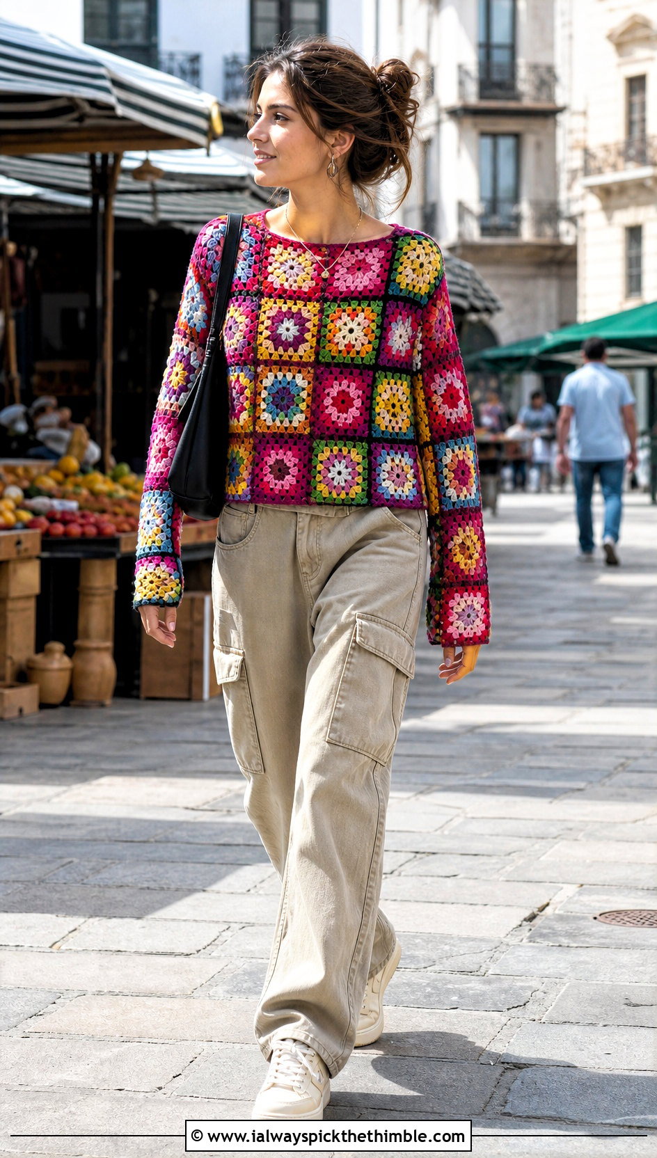Patchwork Granny Square Long Sleeve Top With Cargo Pants - 20 Granny Square Long Sleeve Top outfit ideas