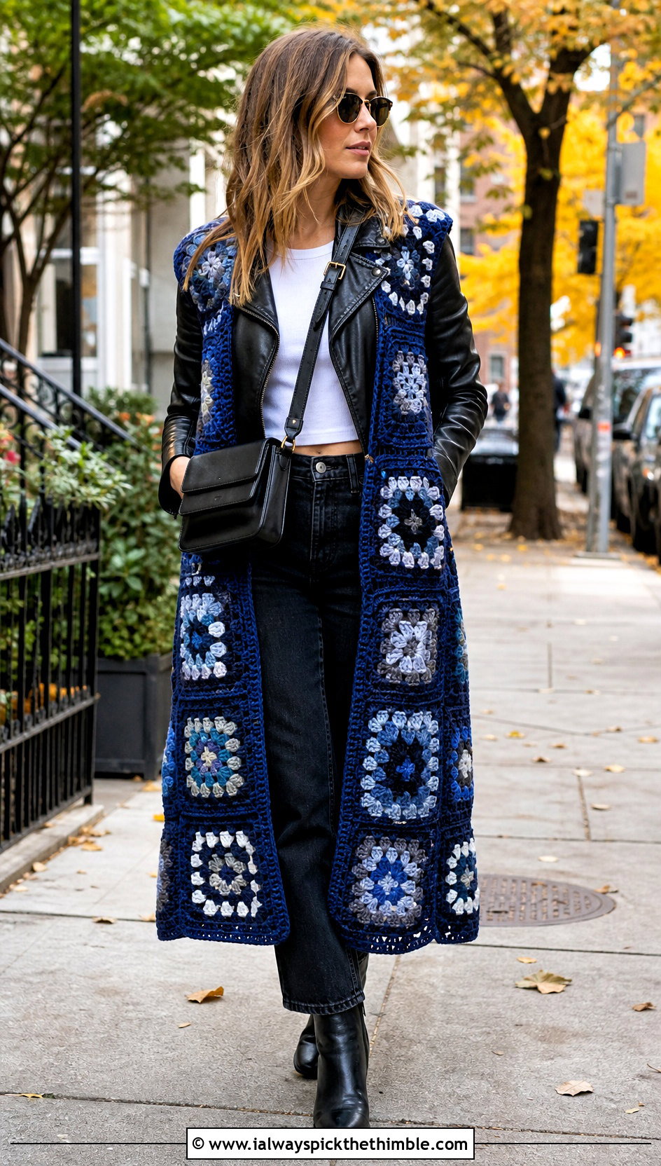Patchwork Granny Square Long Vest With Leather Jacket And Jeans - 20 Granny Square Long Vest outfit ideas
