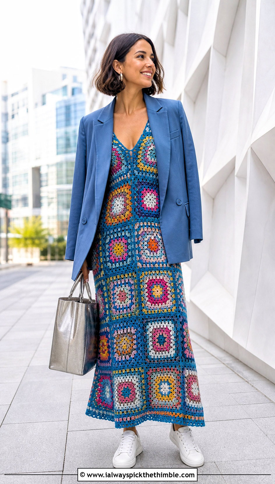 Patchwork Granny Square Maxi Dress With Blazer - 25 crochet granny square dress outfit ideas