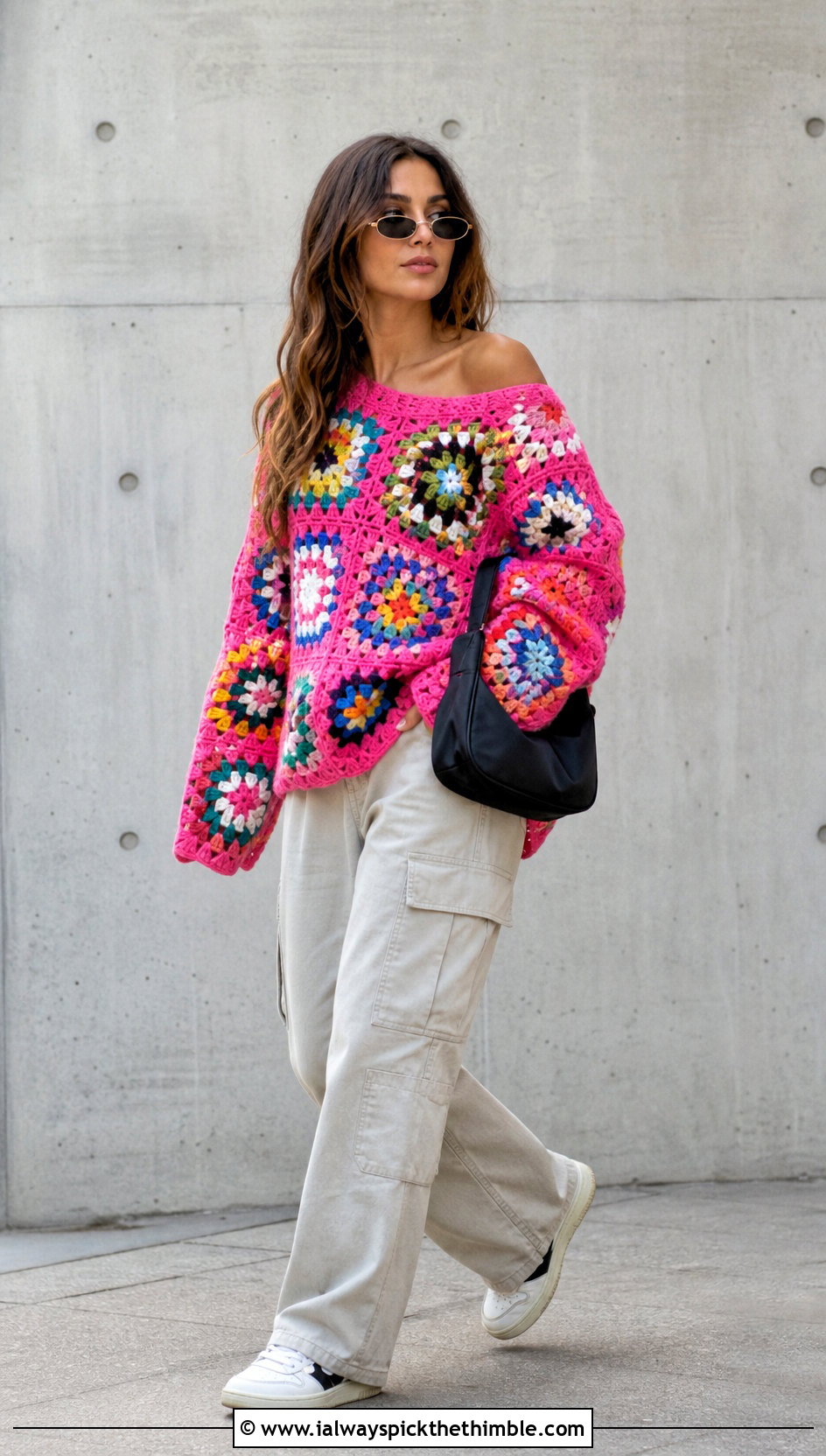 Patchwork Granny Square Off The Shoulder Sweater With Cargo Pants - 20 granny square off the shoulder sweater outfit ideas