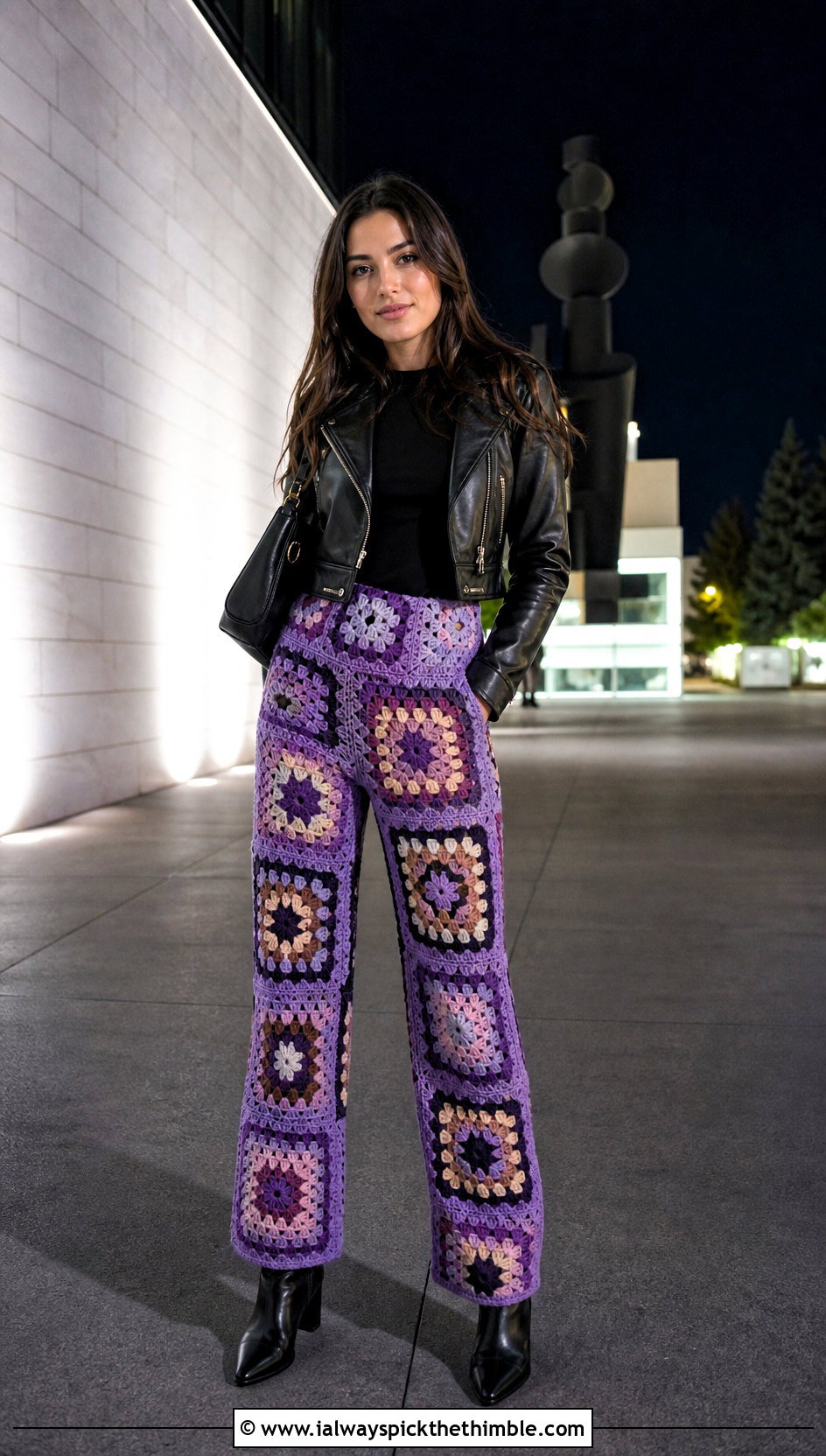 Patchwork Granny Square Pants With Leather Jacket And Ankle Boots - 20 Granny Square Crochet Pants outfit ideas