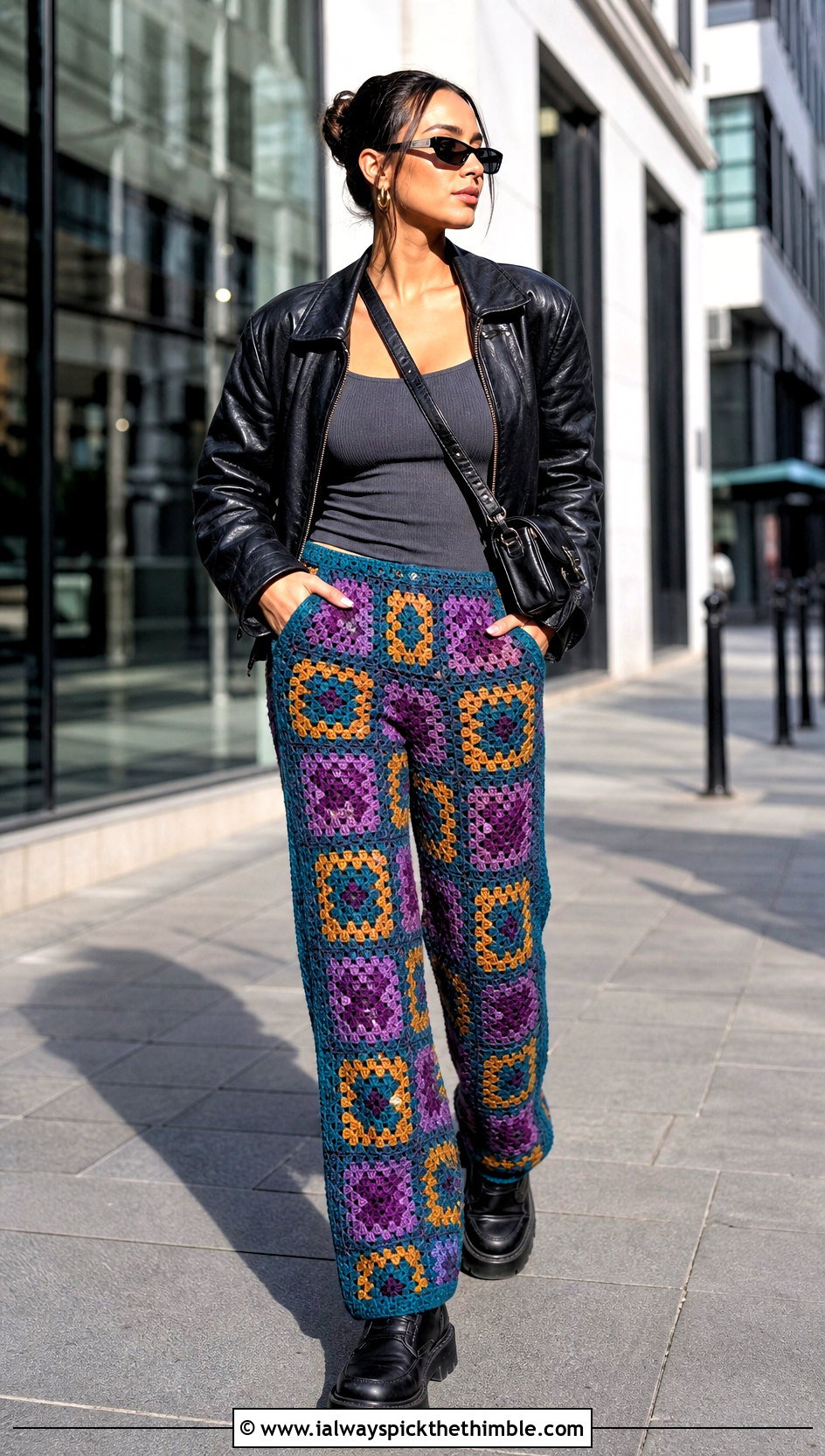 Patchwork Granny Square Pants With Leather Jacket - 25 crochet granny square pants outfit ideas