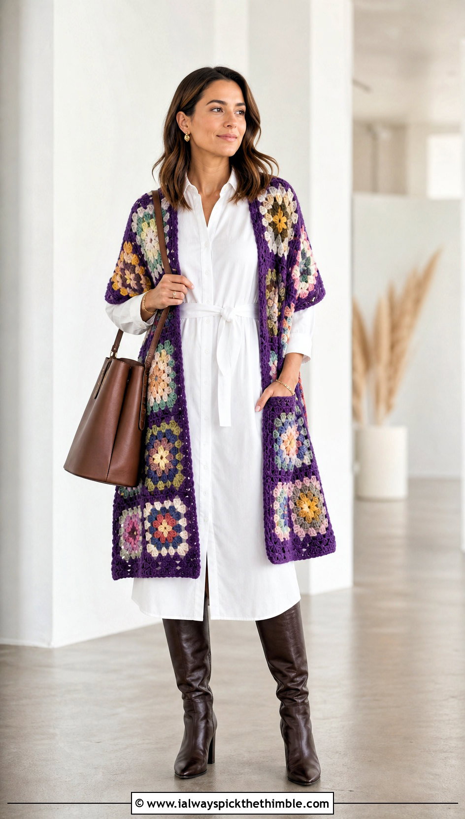 Patchwork Granny Square Pocket Shawl With White Shirt Dress - 20 Granny Square Pocket Shawl outfit ideas