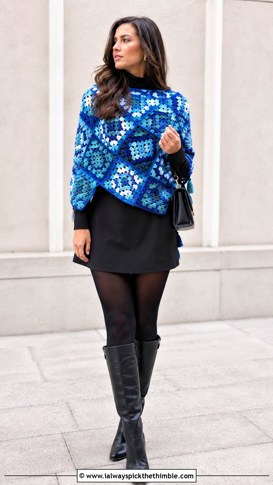 Patchwork Granny Square Poncho With Mini Skirt And Tights - 25 granny square poncho outfit ideas