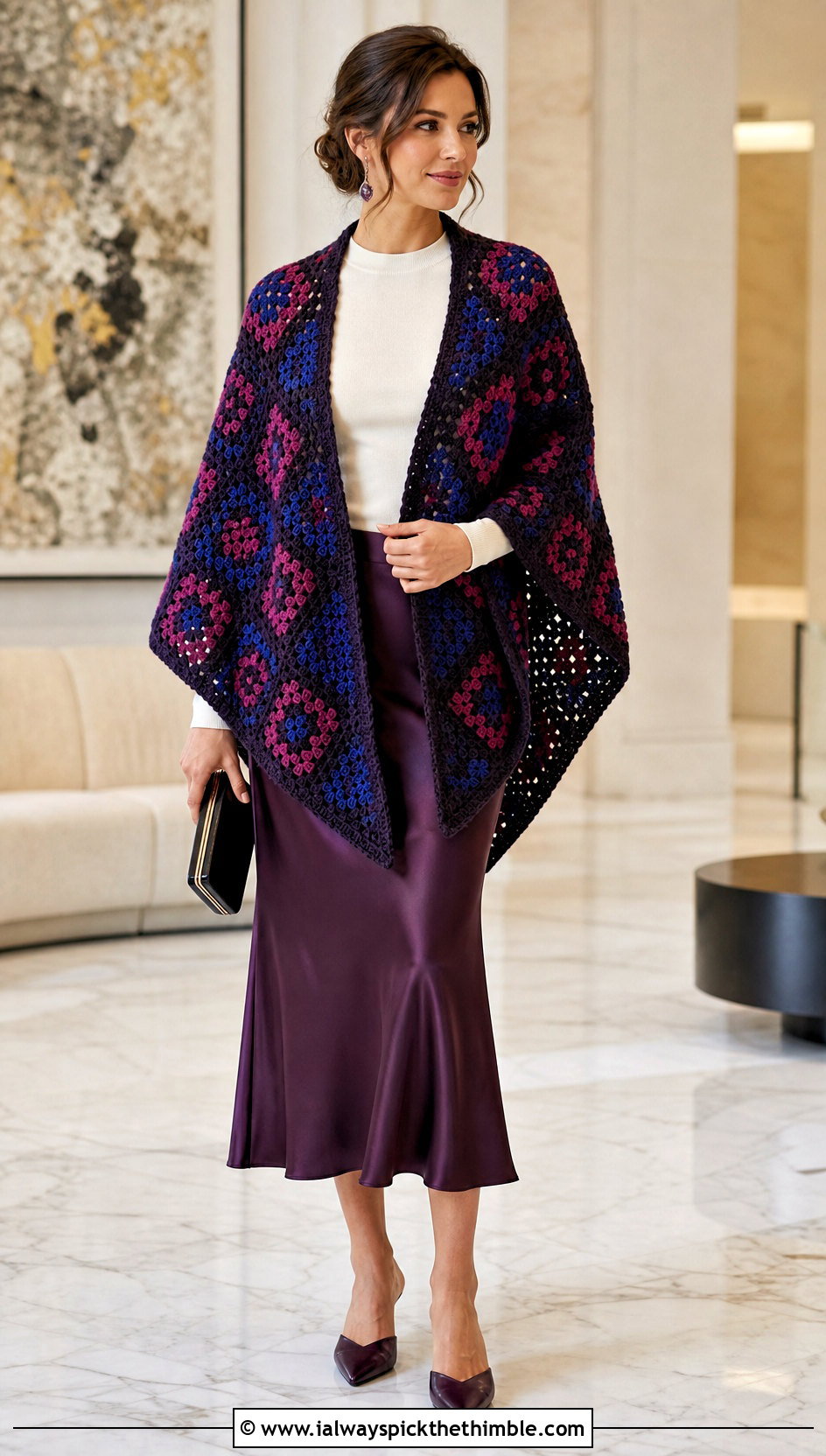 Patchwork Granny Square Poncho With Satin Skirt - 15 easy granny square poncho outfit ideas