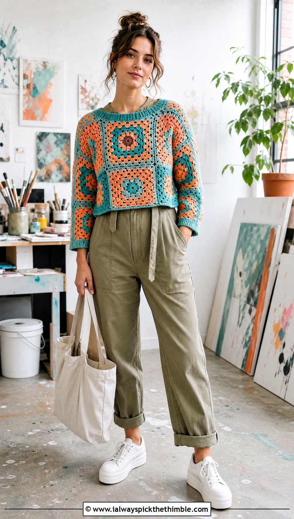 Patchwork Granny Square Pullover Sweater Over Utility Jumpsuit - 25 Granny Square Pullover Sweater outfit ideas