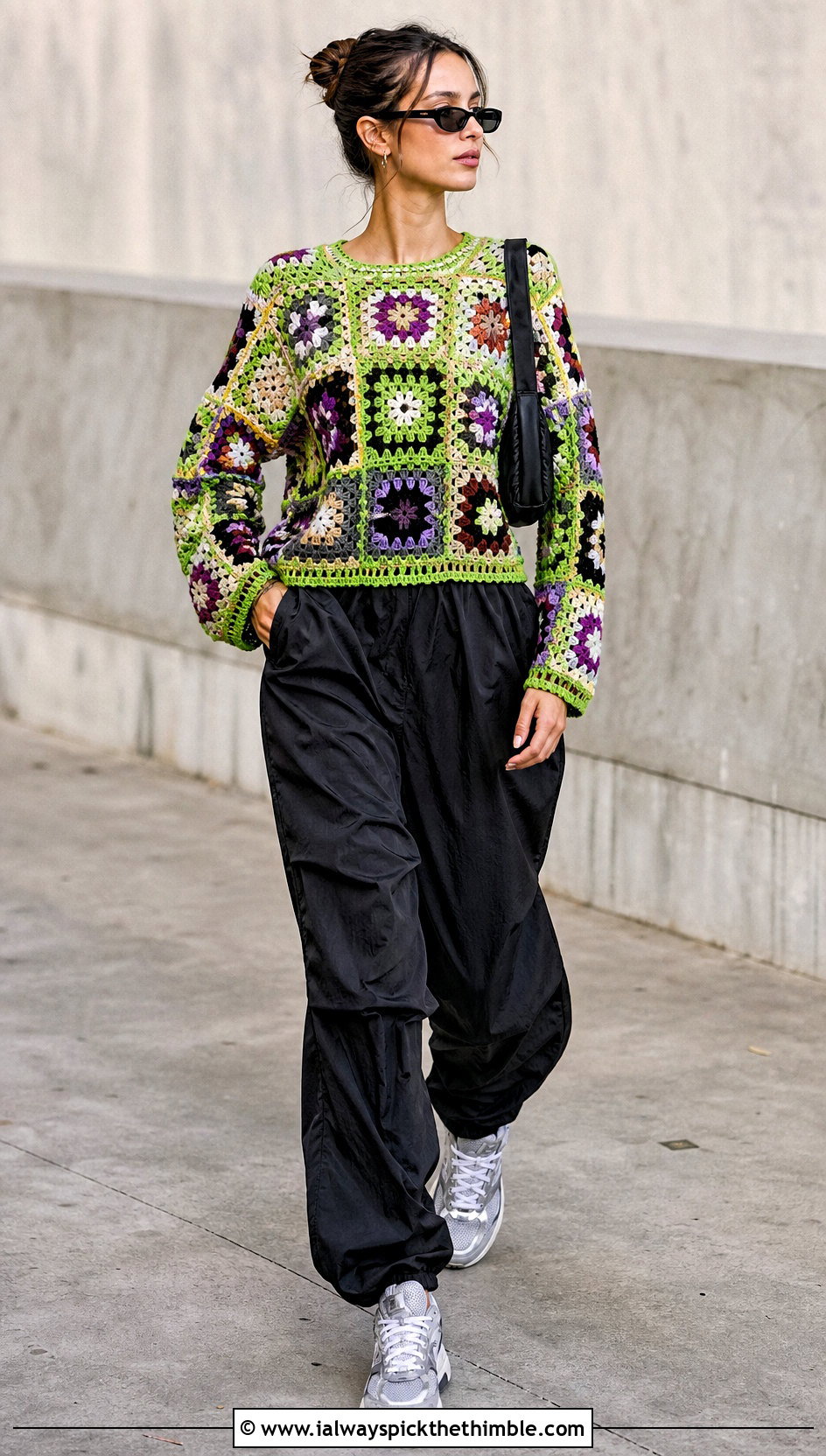 Patchwork Granny Square Pullover With Parachute Pants - 25 crochet granny square pullover outfit ideas