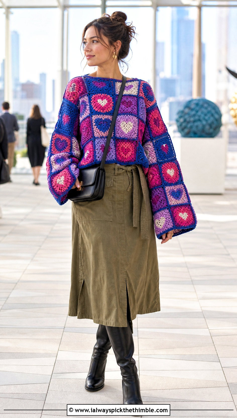 Patchwork Granny Square Pullover With Utility Skirt - 20 crochet valentine sweater outfit ideas